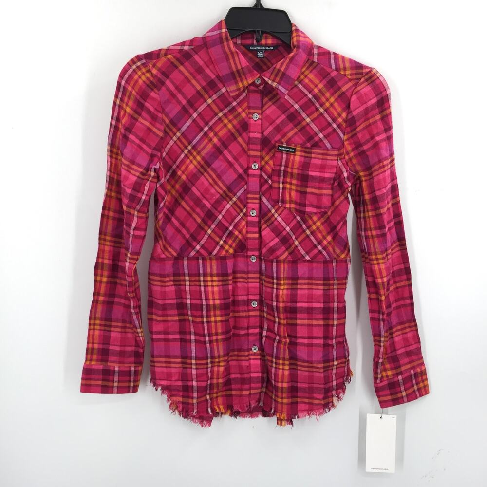 Calvin Klein Jeans Raspberry Plaid Button Up Shirt Long Sleeve Raw Hem Large